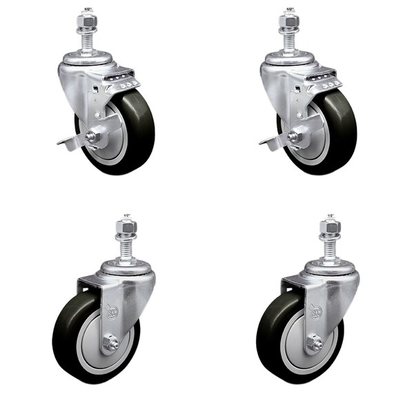 Service Caster 4 Inch SS Black Polyurethane Swivel 1/2 Inch Threaded Stem Caster Brakes SCC, 2PK SSTS20S414-PPUB-BLK-TLB-121315-2-S-2 - main